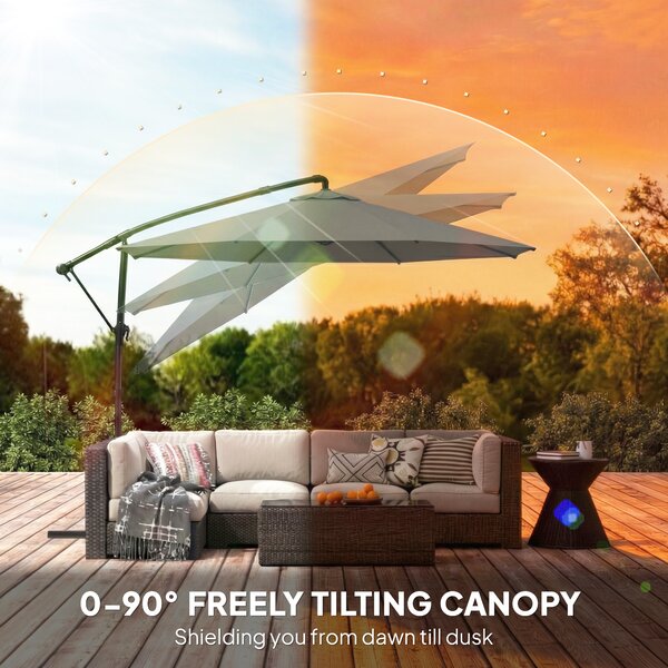 Outsunny 3 m Garden Cantilever Parasol with Cover, Round Overhanging Umbrella with 360° Rotation, Tilt, Grey
