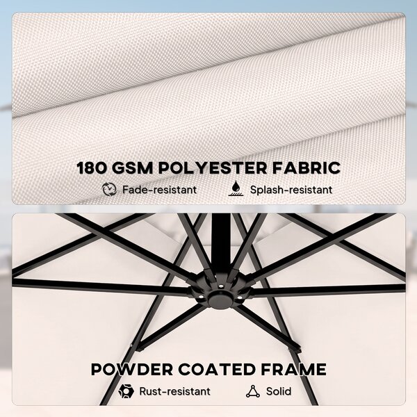 Outsunny 3 m Garden Cantilever Parasol with Cover, Round Overhanging Umbrella with 360° Rotation, Tilt, Cream White