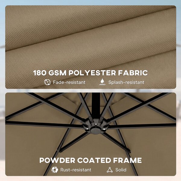 Outsunny 3 m Garden Cantilever Parasol with Cover, Round Overhanging Umbrella with 360° Rotation, Tilt, Khaki
