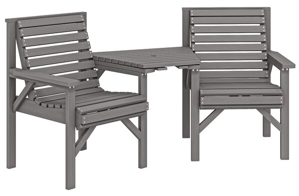 Outsunny Wooden Garden Bistro Set, 2 Seater Wooden Outdoor Table and Chairs with Parasol Hole for Patio, Light Grey