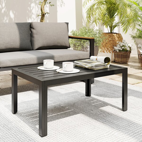 Outsunny Outdoor Side Table, Rectangular Patio Coffee Side Table with Steel Frame and Slat Tabletop for Garden, Balcony, Grey