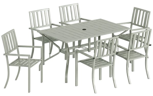 Outsunny 7 Pieces Garden Table and Chairs, 6 Seater Outdoor Table and Chairs with Umbrella Hole, for Garden, Light Grey