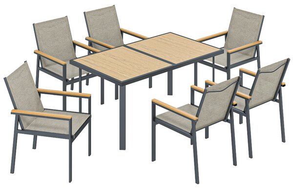 Outsunny Seven-Piece Metal Garden Dining Set, with Glass-Top Table - Khaki