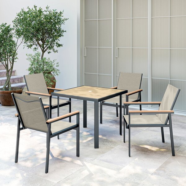 Outsunny Five-Piece Metal Dining Set, with Glass-Top Table - Khaki