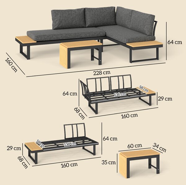 Outsunny 4 Seater L Shaped Aluminium Sectional Garden Furniture Set with 2 Loveseats and Wood-Plastic Coffee Table - Natural Wood