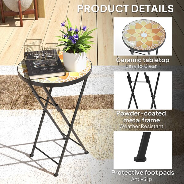 Outsunny Mosaic Outdoor Garden Table, 35.5cm Round Folding Coffee Table with Metal Frame for Balcony Terrace, Yellow