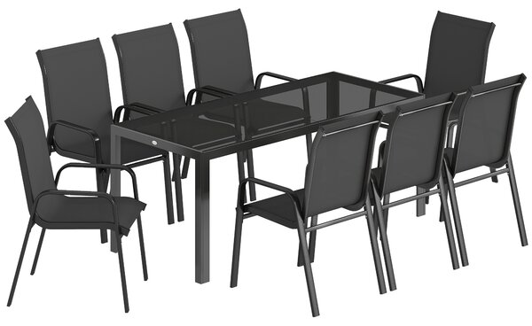 Outsunny 9 Pieces Garden Dining Set, Outdoor Table and Chairs Set for 8, Garden Furniture Set with Tempered Glass Top, Black