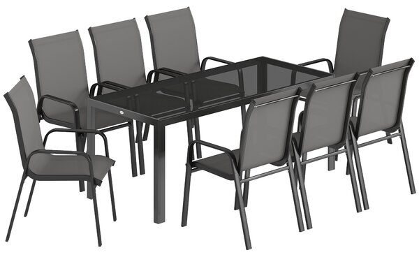 Outsunny 9 Pieces Garden Dining Set, Outdoor Table and Chairs Set for 8, Garden Furniture Set with Tempered Glass Top, Dark Grey