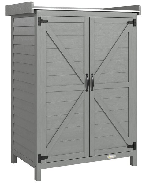 Outsunny Wooden Garden Shed, Garden Tool Storage Shed with Shelf and Side Hooks, 71.5 x 39 x 95 cm, Grey