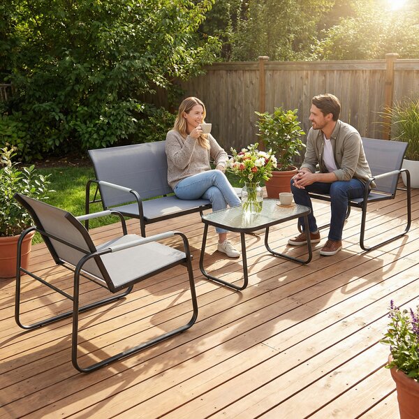 Outsunny 4 Piece Garden Furniture Set, Garden Sofa Set with Loveseat, 2 Armchairs, Tempered Glass Table for Balcony, Grey