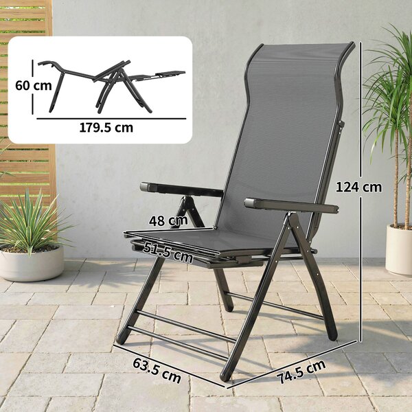 Outsunny Reclining Garden Chairs Set of 2, 5-Position Folding Sun Loungers with High Back, Retractable Footrest, Dark Grey