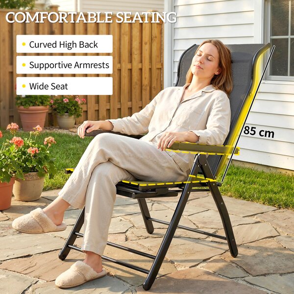 Outsunny Reclining Garden Chairs Set of 2, 5-Position Folding Sun Loungers with High Back, Retractable Footrest, Dark Grey