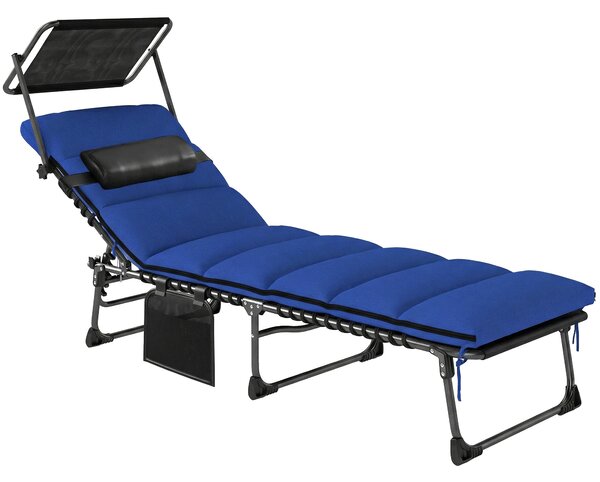 Outsunny Folding Sun Lounger with Canopy, Reclining Sunbed with Cushion, Side Pocket, Carrying Handle, Dark Blue