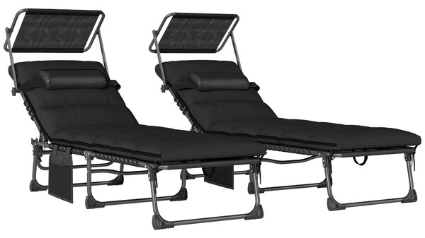 Outsunny Folding Sun Loungers Set of 2 with Canopy, Reclining Sunbed with Cushion, Side Pocket, Carrying Handle, Black