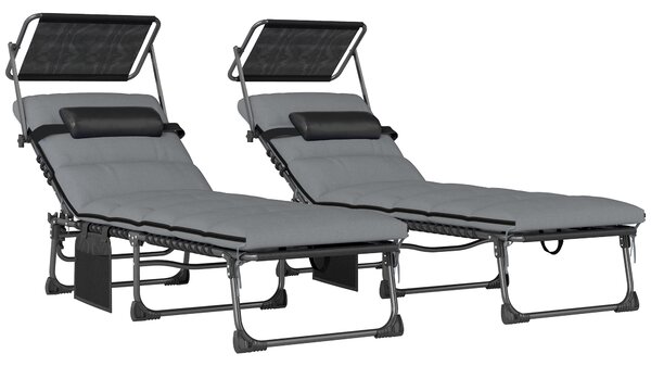 Outsunny Folding Sun Loungers Set of 2 with Canopy, Reclining Sunbed with Cushion, Side Pocket, Carrying Handle, Light Grey