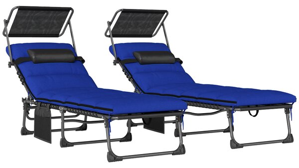 Outsunny Folding Sun Loungers Set of 2 with Canopy, Reclining Sunbed with Cushion, Side Pocket, Carrying Handle, Dark Blue