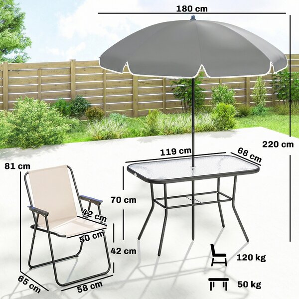 Outsunny 8 Piece Garden Dining Set with Umbrella Garden Furniture Set with 6 Folding Chairs, Tempered Glass Table for Patio Cream