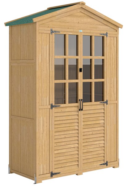 Outsunny Outdoor Wooden Storage Cabinet, Garden Tool Shed with Acrylic Windows for Patio, Light Brown