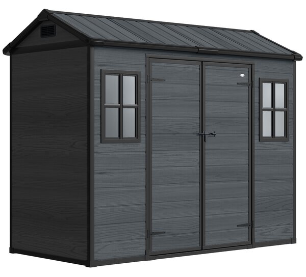 Outsunny 8 x 4 ft Resin Garden Shed, Wood-Effect Outdoor Storage Shed with Floor, Windows, Lockable Doors and Vents, Dark Grey