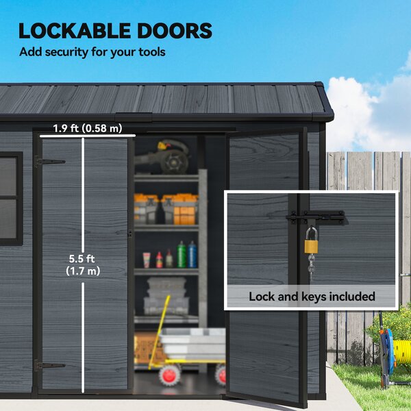 Outsunny 8 x 4 ft Resin Garden Shed, Wood-Effect Outdoor Storage Shed with Floor, Windows, Lockable Doors and Vents, Dark Grey