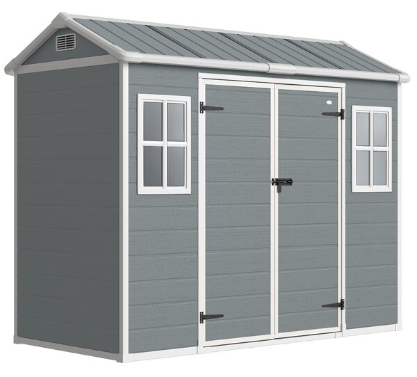 Outsunny 8 x 4 ft Resin Garden Shed, Wood-Effect Outdoor Storage Shed with Floor, Windows, Lockable Doors and Vents, Light Grey