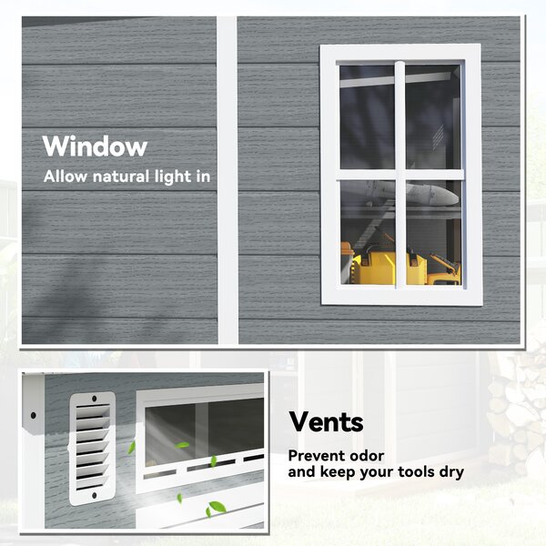 Outsunny 6 x 6 ft Plastic Garden Shed, Wood-Effect Outdoor Storage Shed with Floor, Windows, Lockable Doors and Vents, Grey