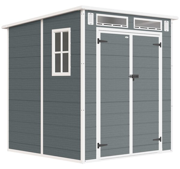 Outsunny 6 x 6 ft Plastic Garden Shed, Wood-Effect Outdoor Storage Shed with Floor, Windows, Lockable Doors and Vents, Grey