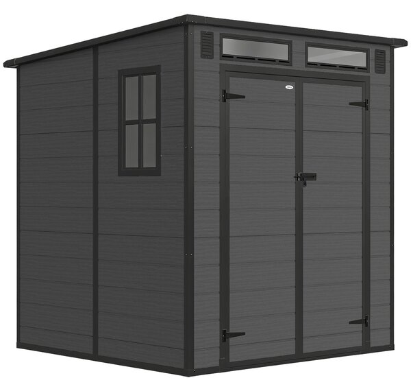 Outsunny 6 x 6 ft Plastic Garden Shed, Wood-Effect Outdoor Storage Shed with Floor, Windows, Lockable Doors and Vents, Dark Grey