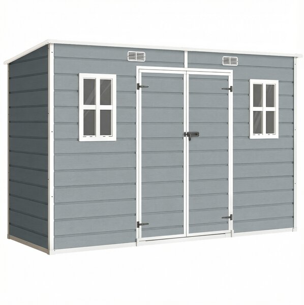 Outsunny 10 x 4 ft Resin Garden Shed, Outdoor Storage Shed with Floor, Windows, Lockable Doors and Vents, Grey
