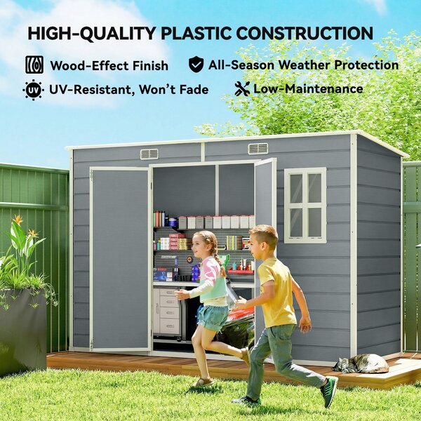 Outsunny 10 x 4 ft Resin Garden Shed, Outdoor Storage Shed with Floor, Windows, Lockable Doors and Vents, Grey