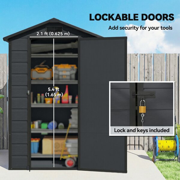 Outsunny 4 x 3 ft Plastic Garden Shed with Floor, Outdoor Storage Shed with Lockable Door, Window and Vent, Dark Grey