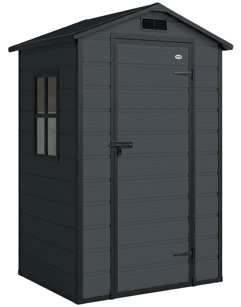 Outsunny 4 x 3 ft Plastic Garden Shed with Floor, Outdoor Storage Shed with Lockable Door, Window and Vent, Dark Grey