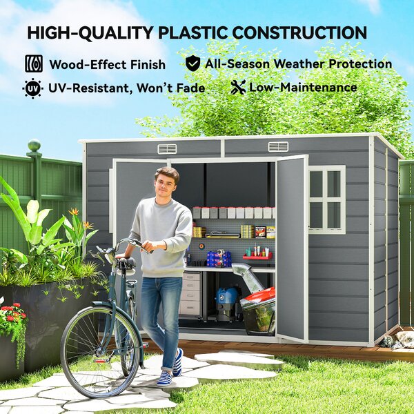 Outsunny 10 x 6 ft Resin Garden Shed, Outdoor Storage Shed with Floor, Windows, Lockable Doors and Vents, Grey