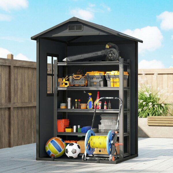 Outsunny 4 x 3 ft Plastic Garden Shed with Floor, Outdoor Storage Shed with Lockable Door, Window and Vent, Dark Grey