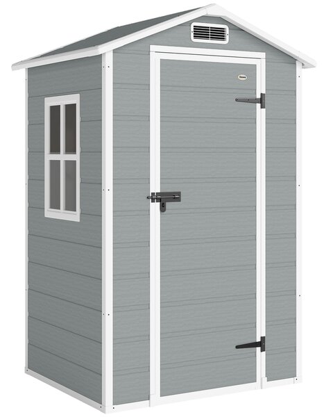 Outsunny 4 x 3 ft Plastic Garden Shed with Floor, Outdoor Storage Shed with Lockable Door, Window and Vent, Light Grey