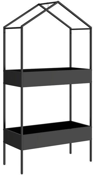 Outsunny 2 Tier Plant Stand, Outdoor Indoor Metal Plant Stand with Hook, House-Shaped Pots Holder Display Rack, Black