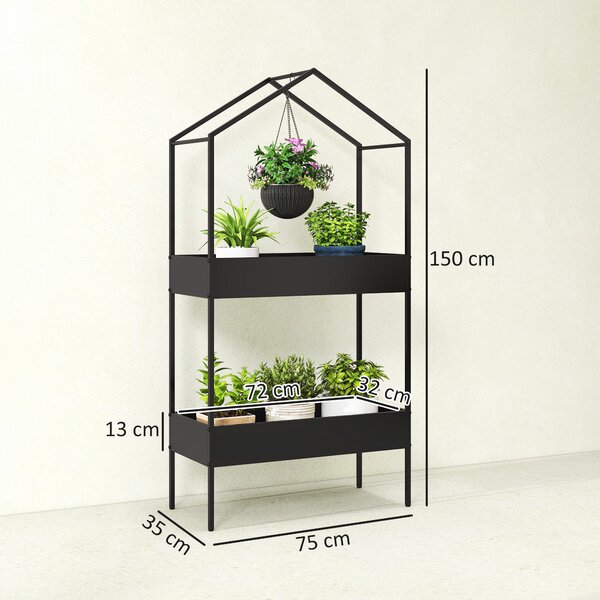 Outsunny 2 Tier Plant Stand, Outdoor Indoor Metal Plant Stand with Hook, House-Shaped Pots Holder Display Rack, Black