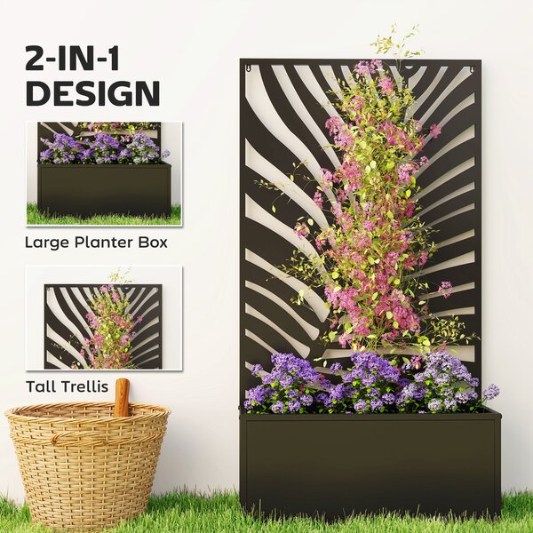 Outsunny Metal Garden Bed for Garden with Trellis, Wall Mounted or Freestanding Raised Planter with Privacy Screen
