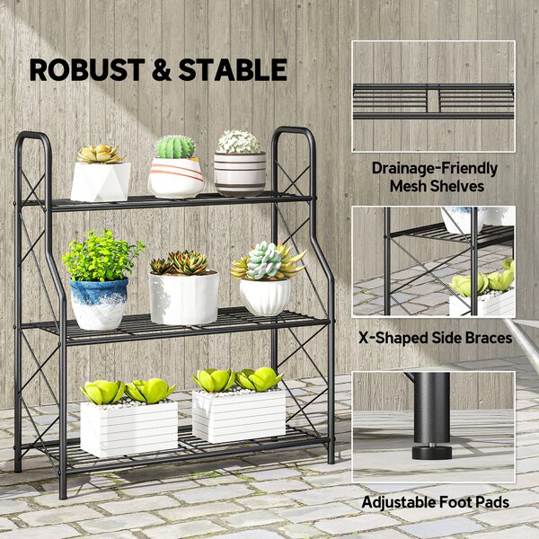 Outsunny 3-Tier Metal Plant Stand, Heavy Duty Ladder Shelf Potted Plants Display Rack, Indoor Outdoor Flower Pot Holder