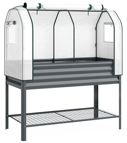 Outsunny Galvanised Raised Planter with Greenhouse Cover, Metal Raised Garden Bed on Legs with Bed Liner and Bottom Shelf