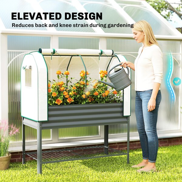 Outsunny Galvanised Raised Planter with Greenhouse Cover, Metal Raised Garden Bed on Legs with Bed Liner and Bottom Shelf