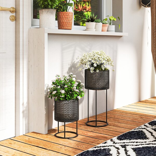 Outsunny Metal Plant Pots Set of 2 with Hollow Design Flower Planters for Garden Balcony Black