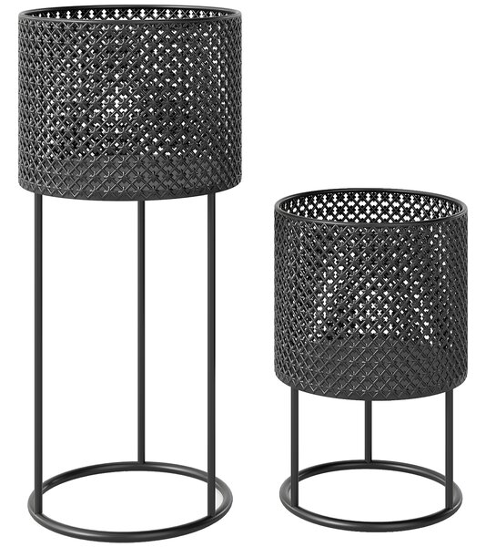 Outsunny Metal Plant Pots Set of 2 with Hollow Design Flower Planters for Garden Balcony Black