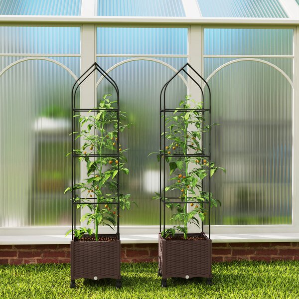 Outsunny Raised Garden Bed with Trellis, Tomato Cage with Lockable Wheels, Self Watering Planter Box with Drainage Holes, Brown