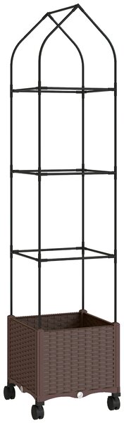 Outsunny Raised Garden Bed with Trellis, Tomato Cage with Lockable Wheels, Self Watering Planter Box with Drainage Holes, Brown