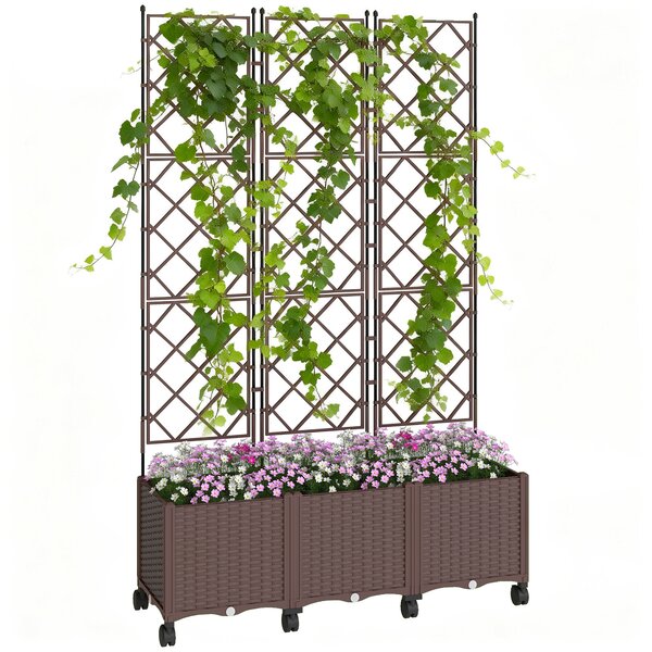 Outsunny Plastic Raised Planter with Trellis, Self Watering Raised Bed for Garden with Wheels, Drainage Holes and Plugs