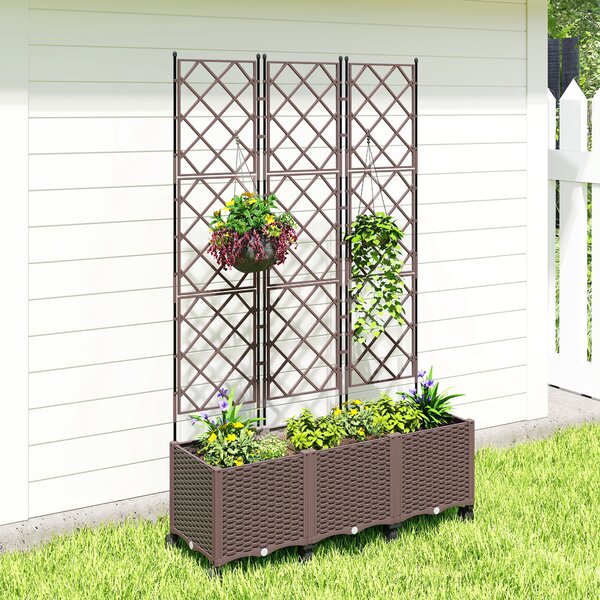Outsunny Plastic Raised Planter with Trellis, Self Watering Raised Bed for Garden with Wheels, Drainage Holes and Plugs