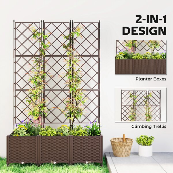 Outsunny Plastic Raised Planter with Trellis, Self Watering Raised Bed for Garden with Wheels, Drainage Holes and Plugs