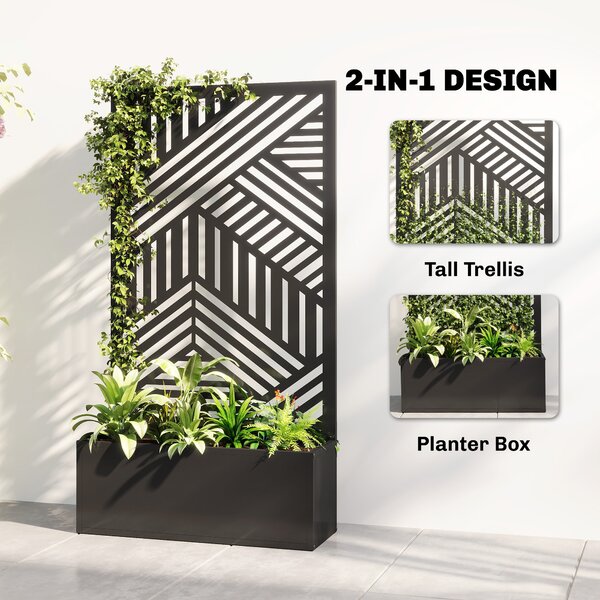 Outsunny Metal Garden Bed for Garden with Trellis, Raised Garden Bed with Privacy Screen, Geometric Slatted Cut-Out