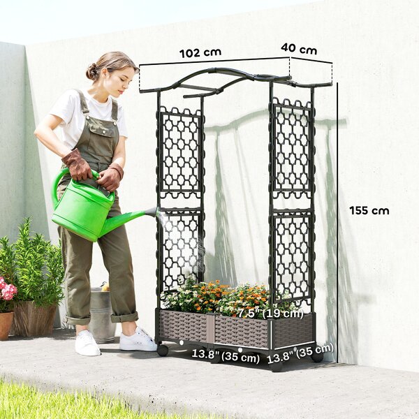 Outsunny Raised Garden Bed with Arch Trellis, Raised Bed for Garden on Wheels with Side Trellis, Self Watering Planter Box